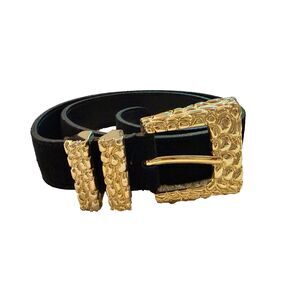 Vtg Dame Belt & Bag Black Leather Gold Chunky M Womens Gaudy  80s 90s 27-31”